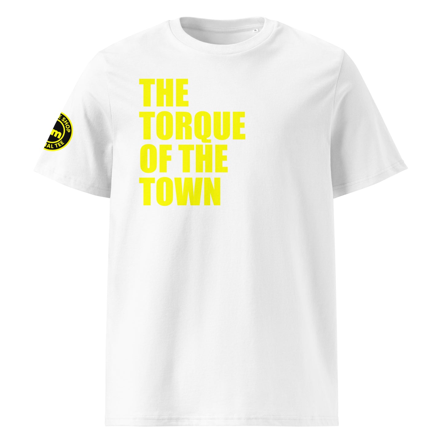 Front view of white unisex t-shirt with bold yellow “THE TORQUE OF THE TOWN” slogan. DTF print, perfect for torque fans, car meets, and petrolhead banter.