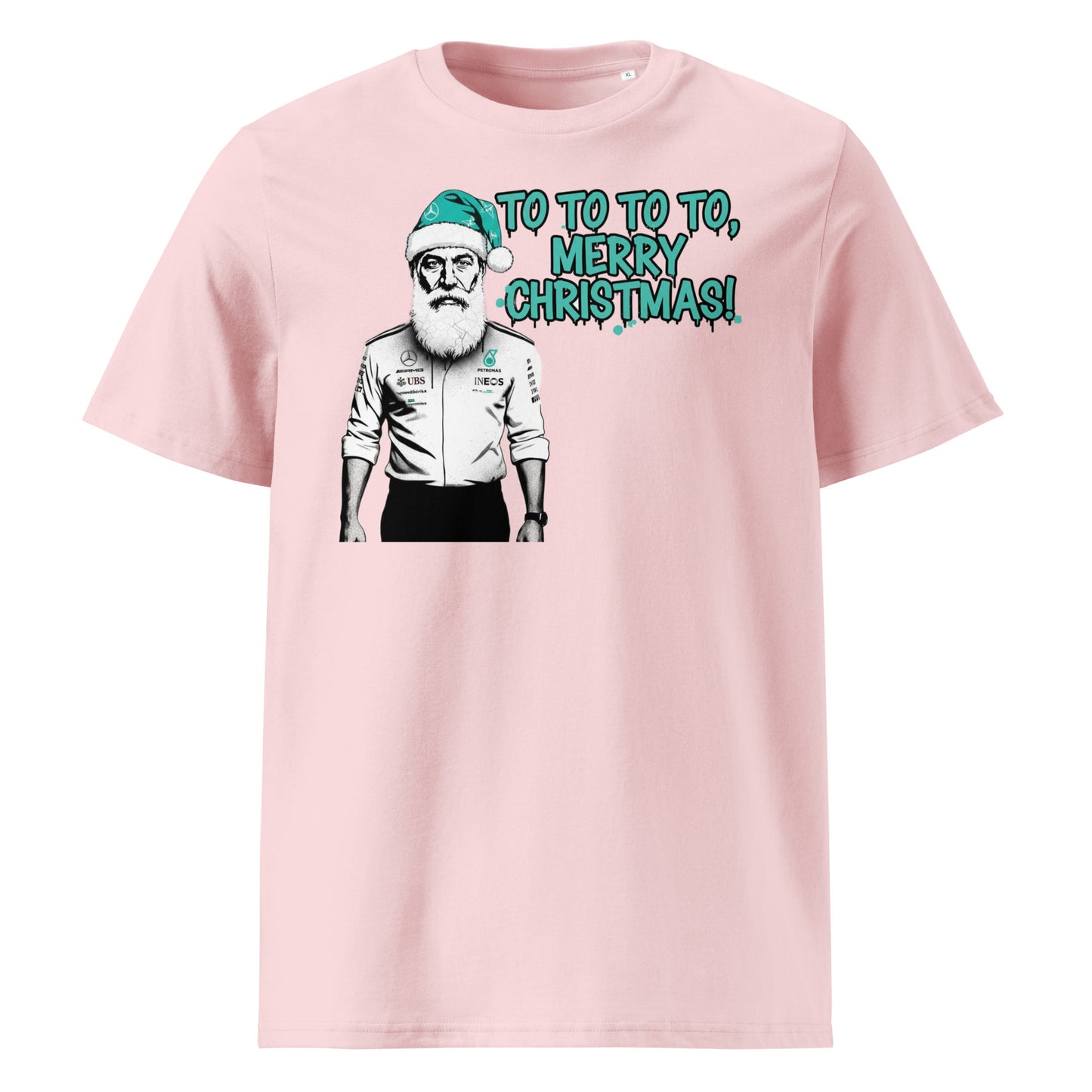 Pink unisex t-shirt with Toto Wolff as Santa in a teal hat and the text “TO TO TO TO, Merry Christmas!”, perfect for Mercedes-AMG F1 fans at Christmas.