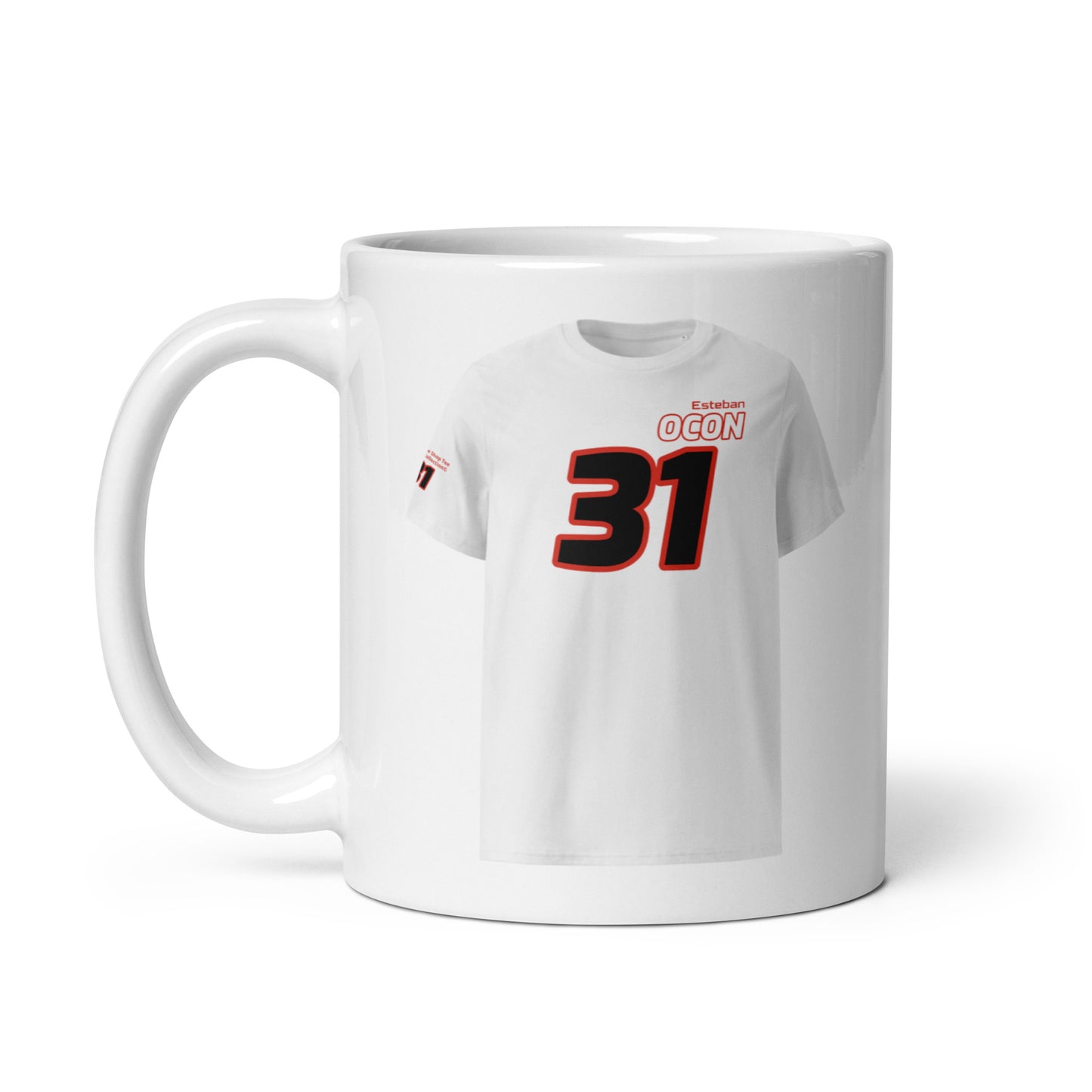 A white ceramic TeeMug© featuring a red and black design with "Esteban OCON" in bold letters and the number "31". The mug is shown with the handle on the left side.