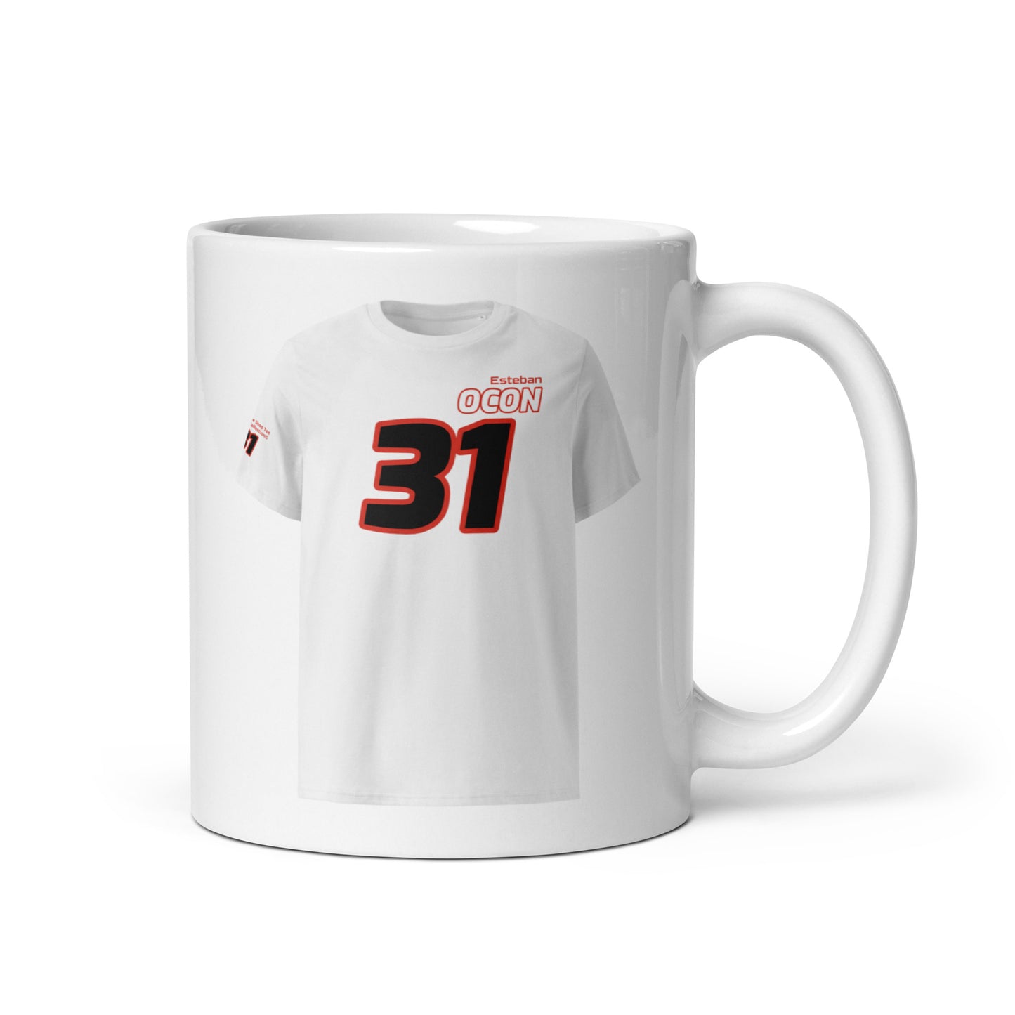 A white ceramic TeeMug© featuring a red and black design with "Esteban OCON" in bold letters and the number "31". The mug is shown with the handle on the right side.