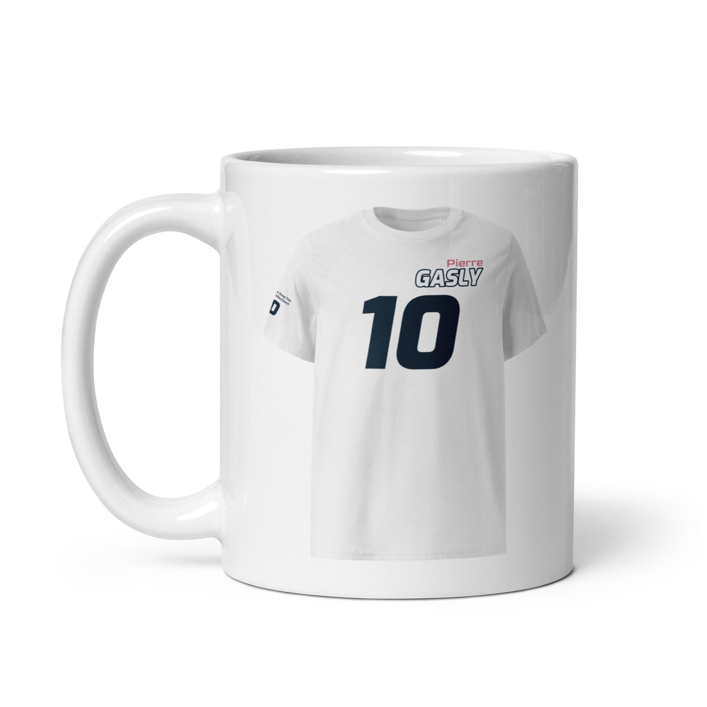 A white ceramic TeeMug© featuring a red and dark blue design with "Pierre GASLY" in bold letters and the number "10". The mug is held by a handle on the left side.