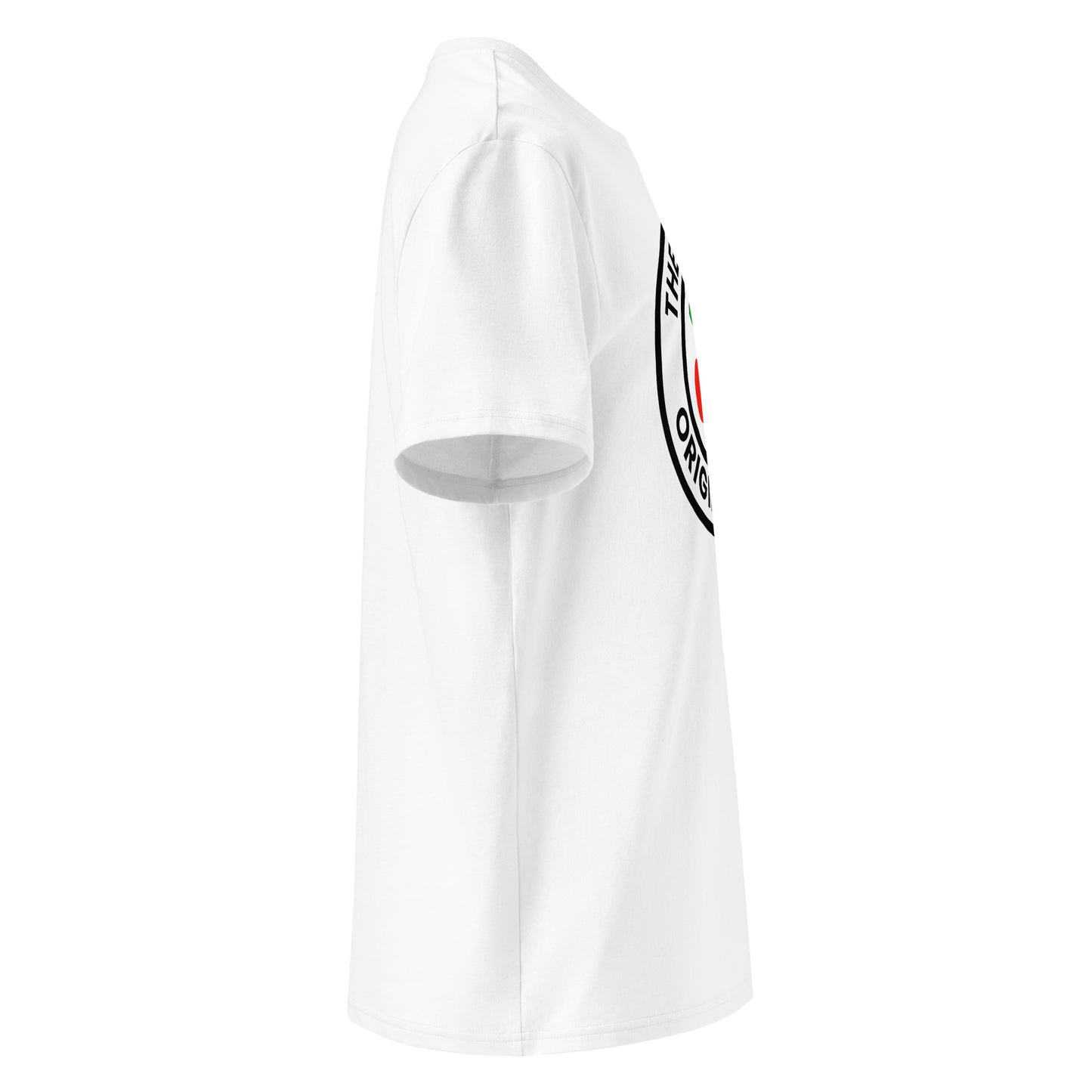 Right side view of white t-shirt showing the large front cherry logo and plain right sleeve. DTF print, minimalist and bold.