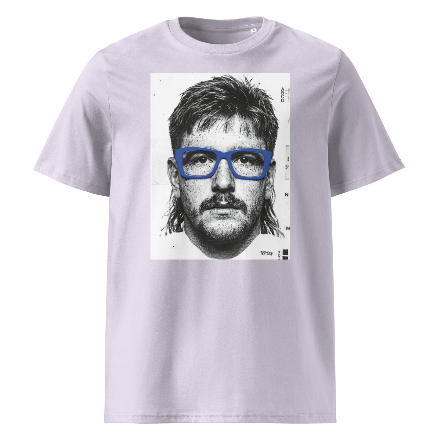 Lavender t-shirt front view featuring an illustrated portrait inspired by a modern rugby lock wearing bold blue glasses with a “what you looking at?” expression