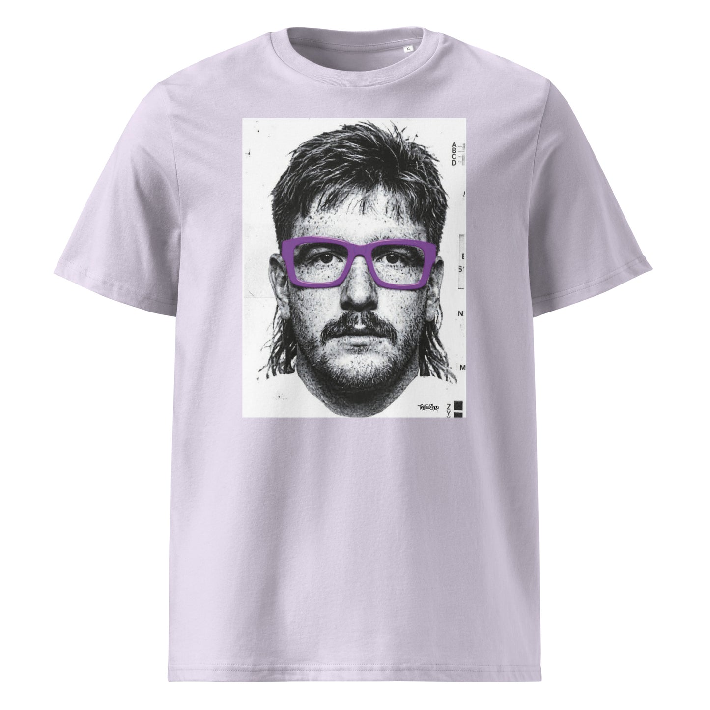 Lavender rugby t-shirt front view featuring an illustrated portrait inspired by a modern rugby lock wearing bold purple glasses with a “what you looking at?” expression