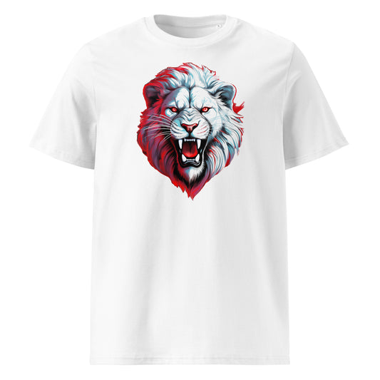Front of the t-shirt featuring a white lion with red accents on a white background – a bold and clean design for Ulster and Lions Tour rugby fans.