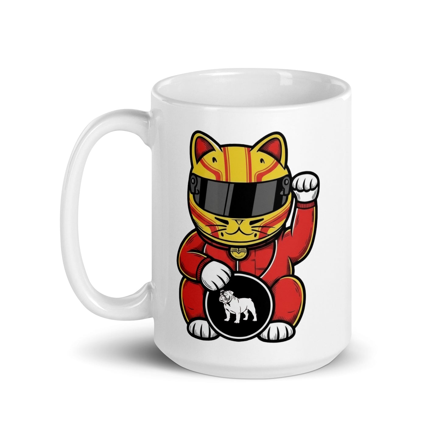 Racing-inspired lucky cat mug with striped helmet and bulldog lucky coin—ideal for GP mornings, sleepovers, and anyone backing the grid’s most iconic seven-time story.