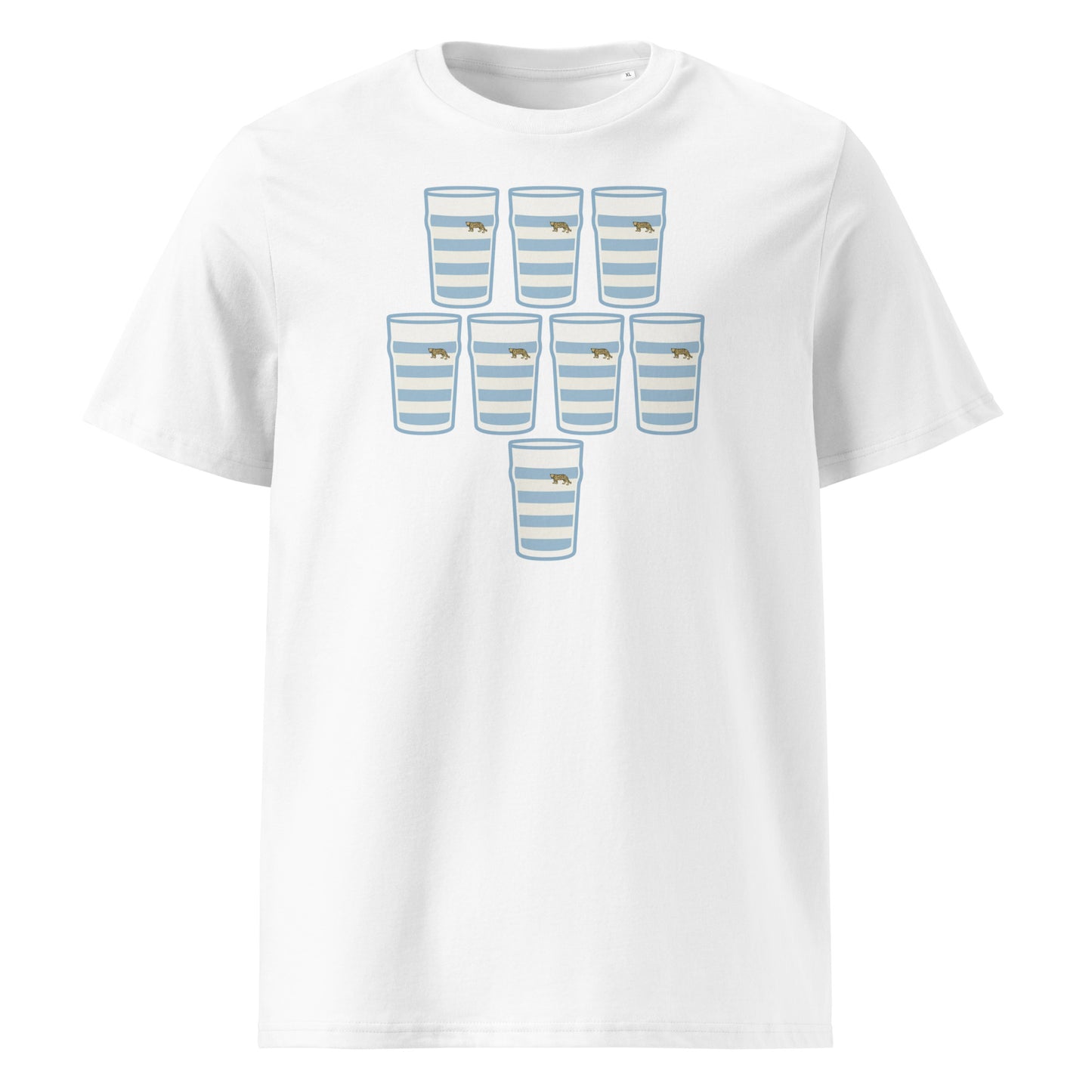 White t-shirt with eight sky blue and white hooped pint glasses arranged in a rugby scrum formation with small jaguar detail