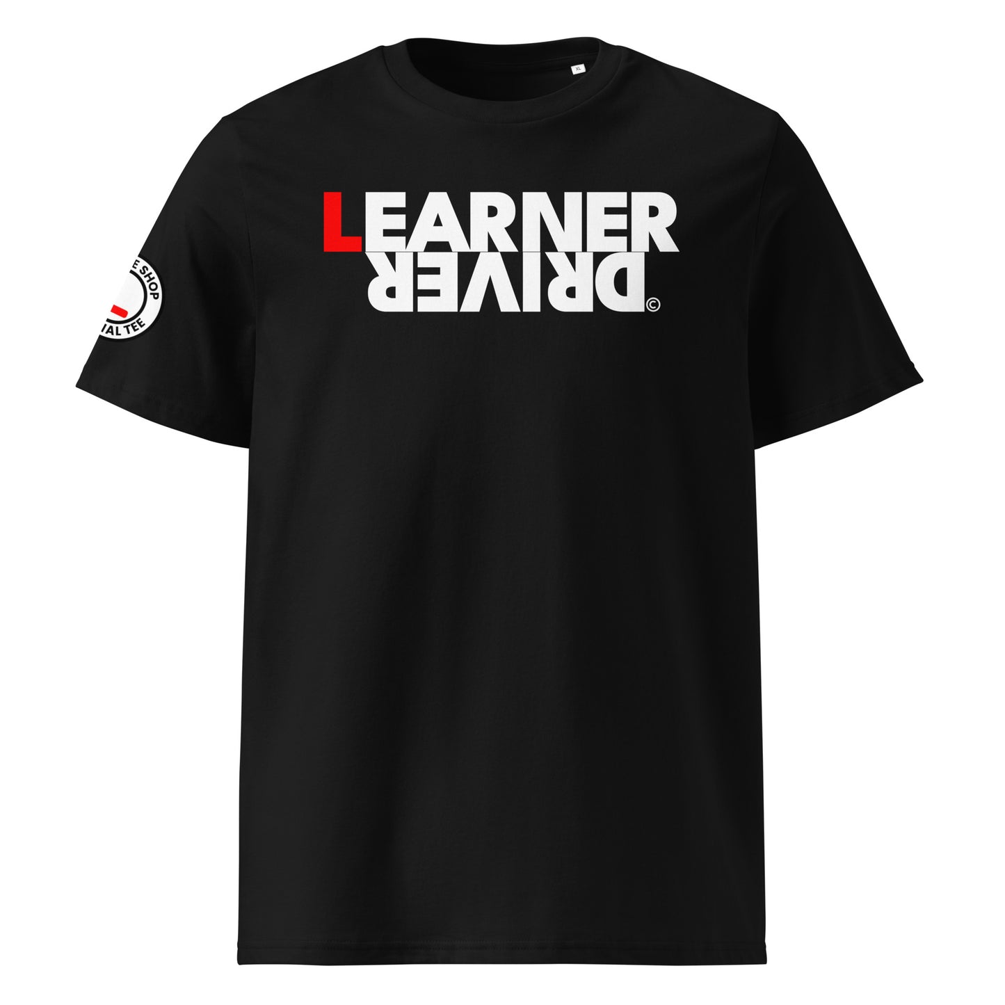Black organic cotton t-shirt with upside down “LEARNER DRIVER” print, bold red L on front, right sleeve logo with red L, perfect funny gift for car meet fans and drivers who love a laugh, front view.