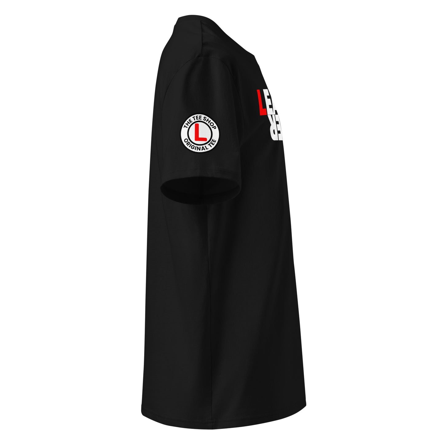 Right side of black LEARNER DRIVER upside down meme t-shirt, red L on front, round logo with red L on right sleeve, ideal for car meet and motorsport fans.