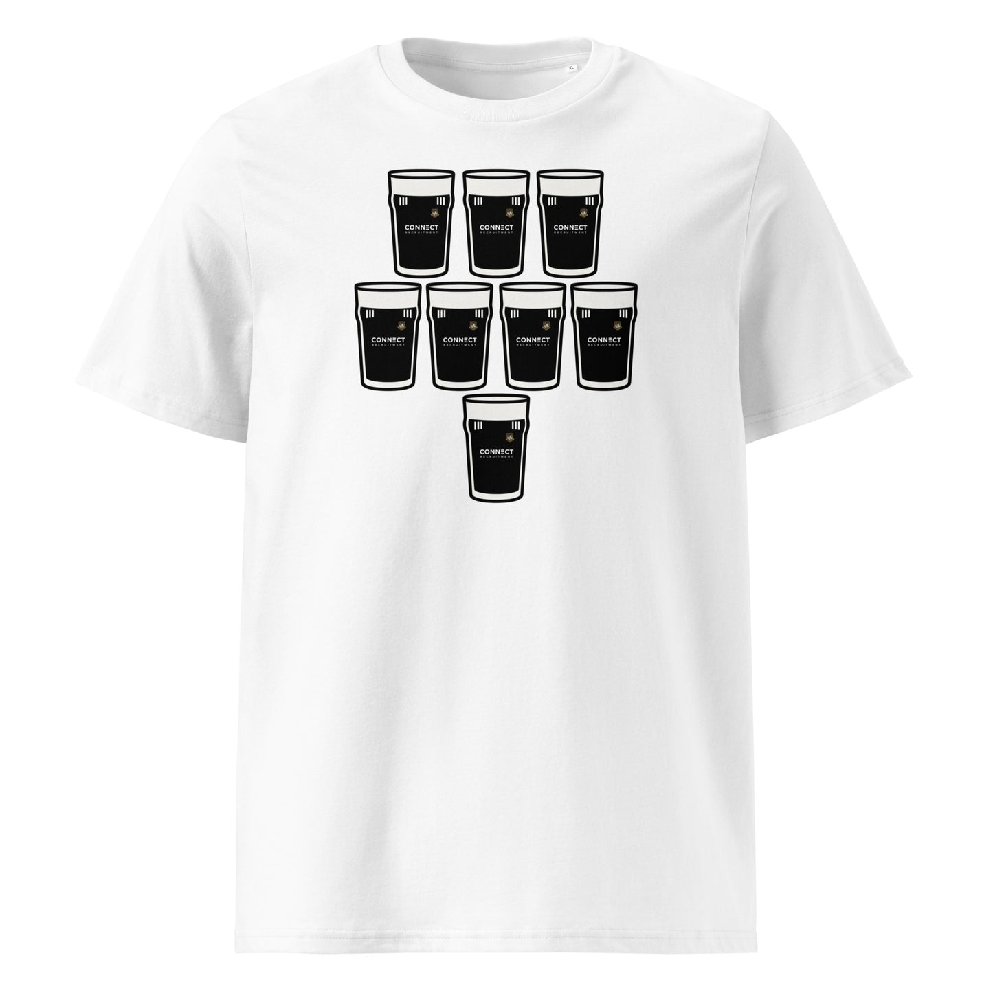White t-shirt with eight black pint glasses arranged in a rugby scrum formation with Longford RFC crest.
