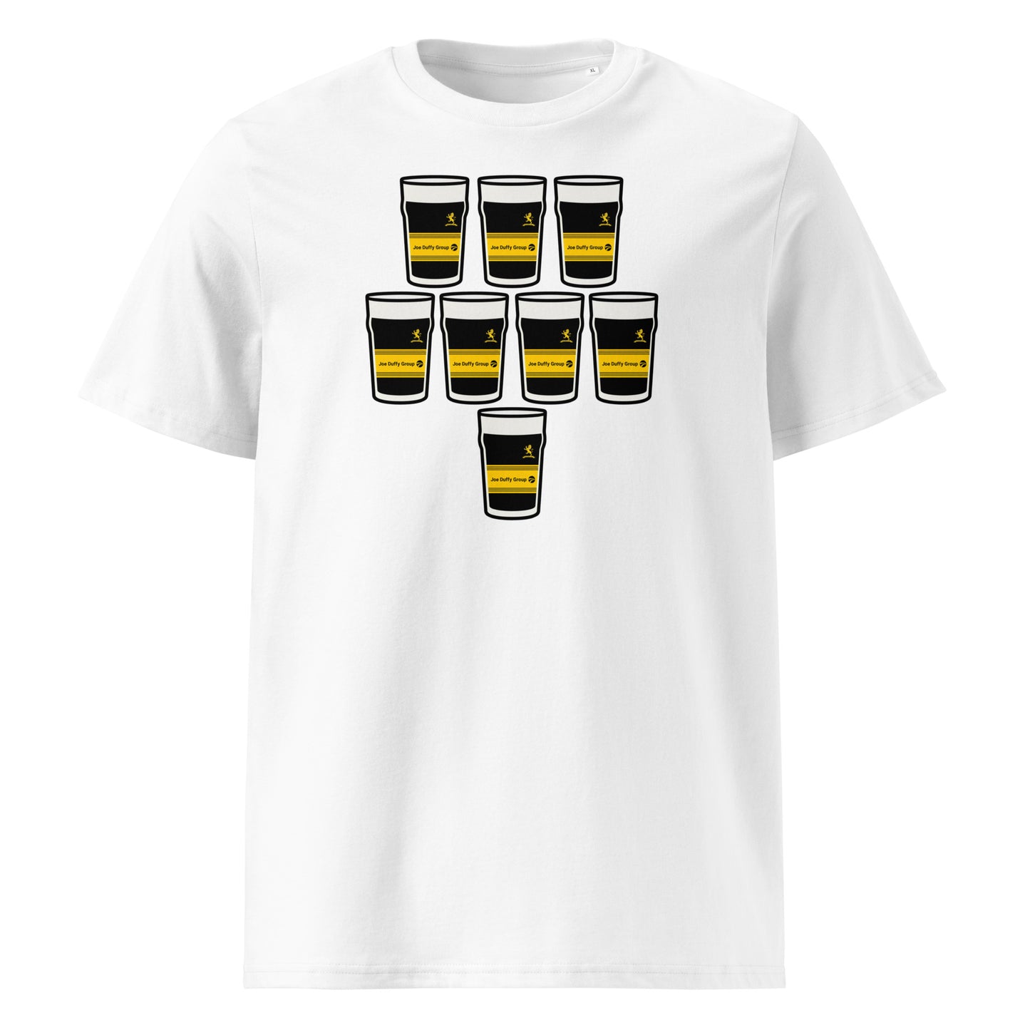 White t-shirt with eight black pint glasses arranged in a rugby scrum formation with a yellow band and sponsor-style text
