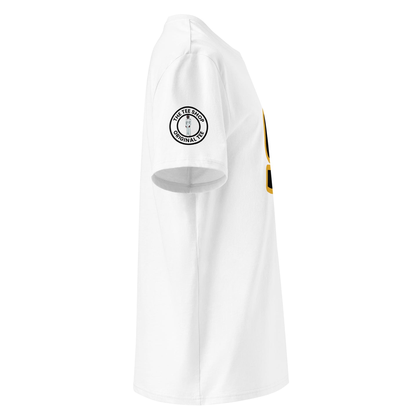 Right sleeve view of the Joshua Pearce APX GP T-Shirt in white, showcasing TheTeeShop logo with a unique image correlating to Joshua Pearce.