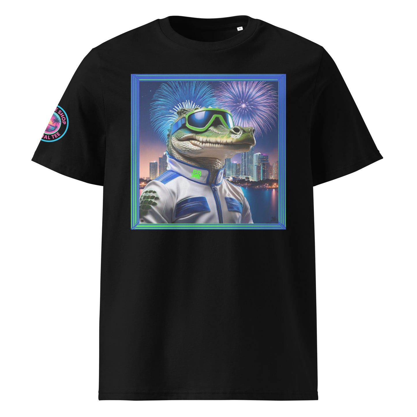 Front view of our Racing Bulls F1 Gator Miami Grand Prix black t-shirt showcasing a dynamic gator racer against a vibrant Miami backdrop. A stylish addition to your wardrobe and a great conversation starter.