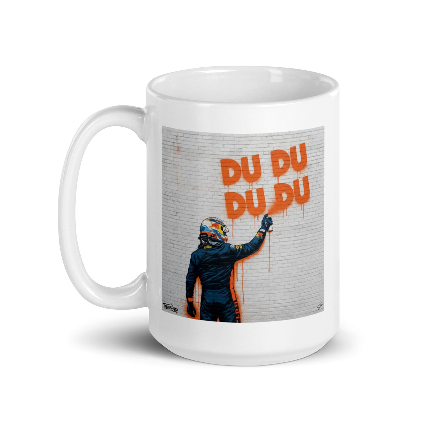 15oz ceramic mug featuring street art depicting Max Vertappen and the iconic DU DU DU DU song a Max fan favourite. Handle on right.