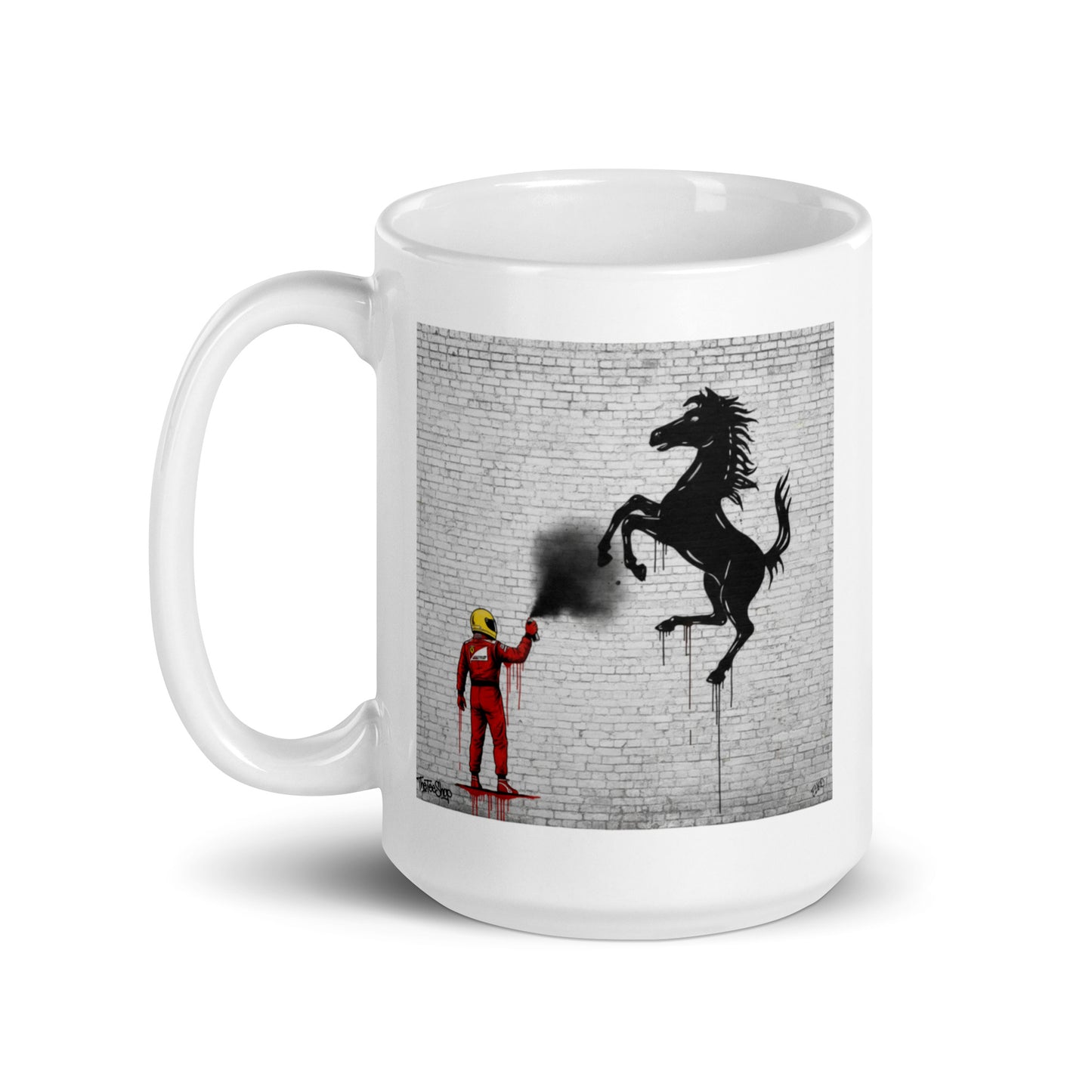 15oz Ferrari Mug featuring a driver spray painting a prancing horse. handle on left side.