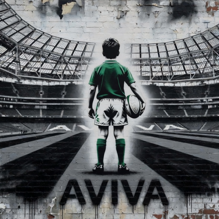 Street art of a young boy with a rugby ball standing in the Aviva Stadium