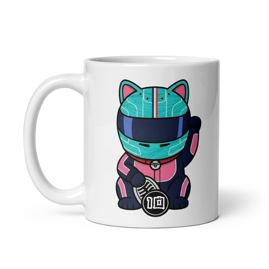 White glossy mug featuring a pink/blue lucky cat racer holding a #10 lucky coin—made for #10 fans and French flair supporters.