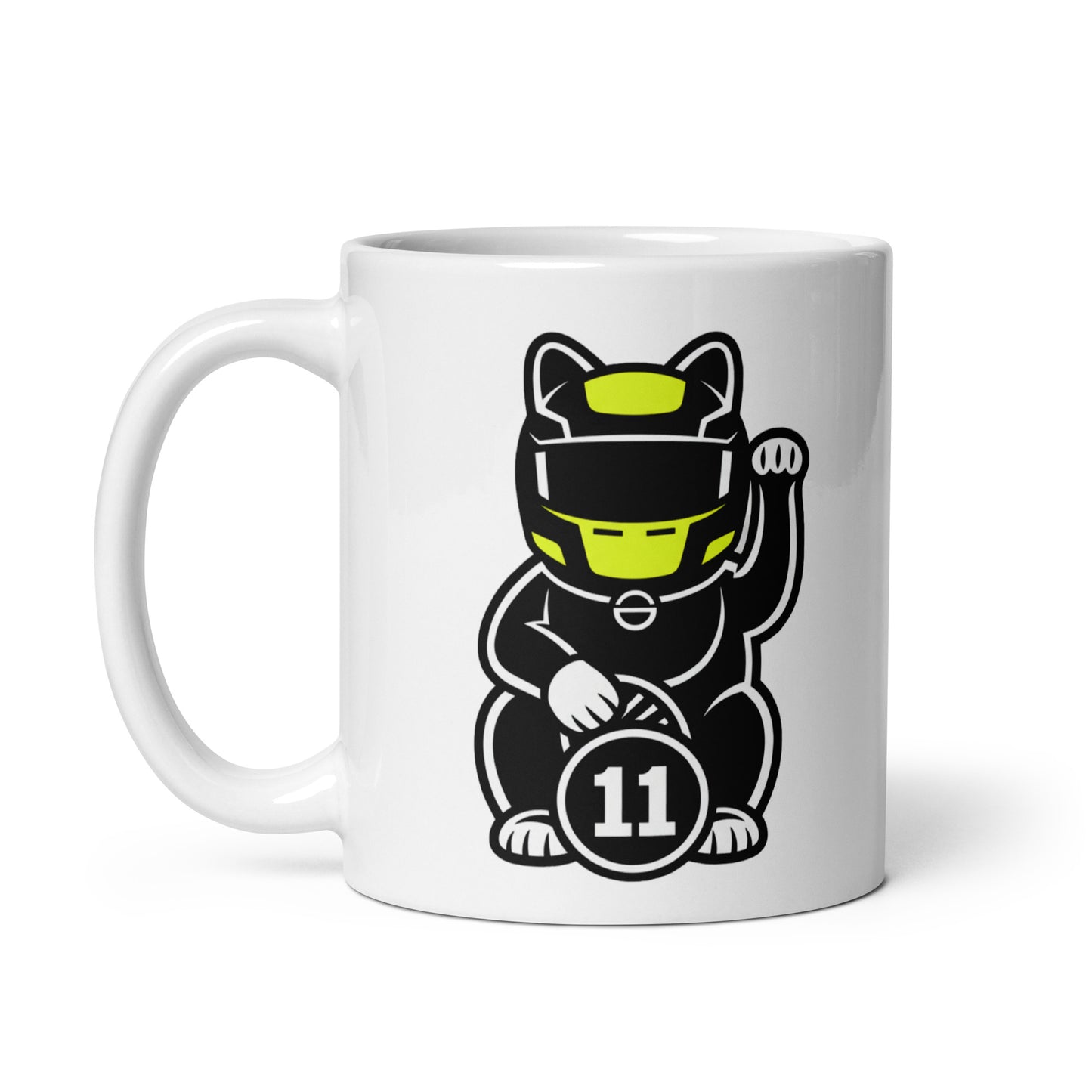 White glossy mug featuring a black lucky cat racer holding a #11 lucky coin made for #11 fans and Ministry of Defence believers.