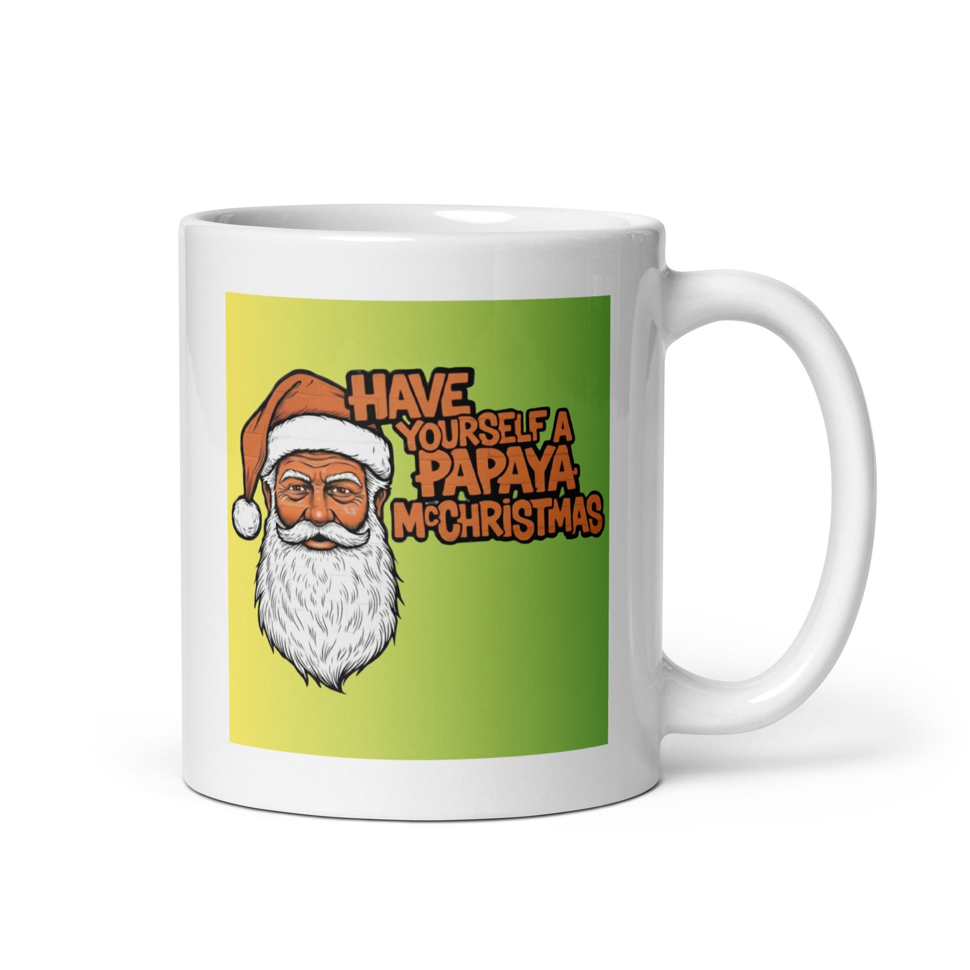 White mug with a graphic of a man wearing a Santa hat and text 'Have Yourself a Papaya McChristmas' on a green background.