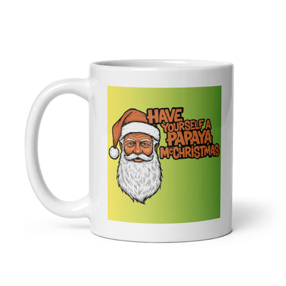 11oz white ceramic mug with a papaya christmas message on a neon yellow backgound handle on the left. Perfect for McLaren and Lando Norris fans.