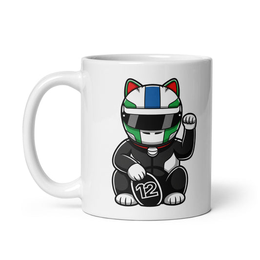 White glossy mug featuring a lucky cat in a black race suit with Italian-colour helmet and a #12 lucky coin made for #12 rookie supporters.