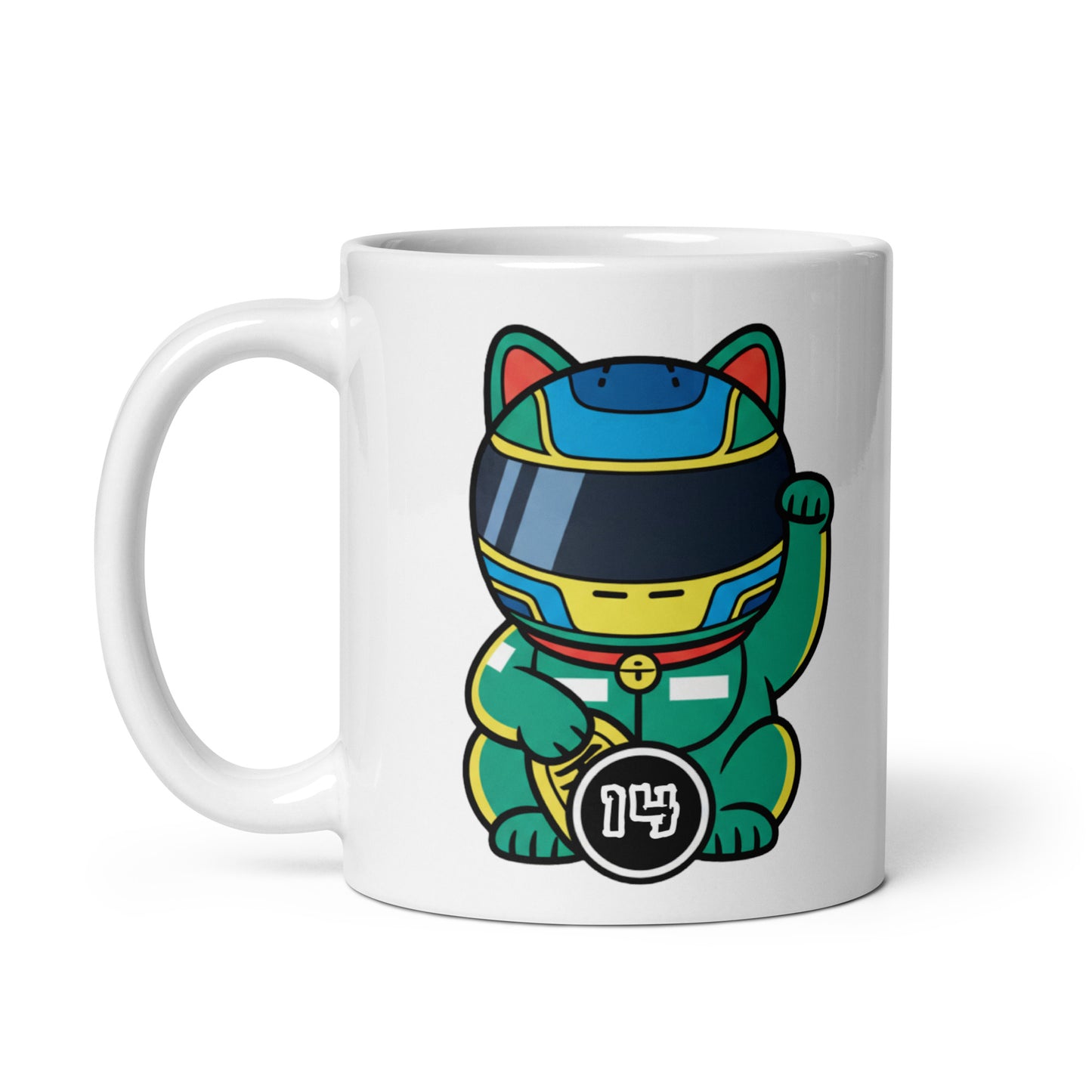 Product mockupWhite glossy mug featuring a green-suited lucky cat racer holding a #14 lucky coin—made for #14 fans and true legend energy.
