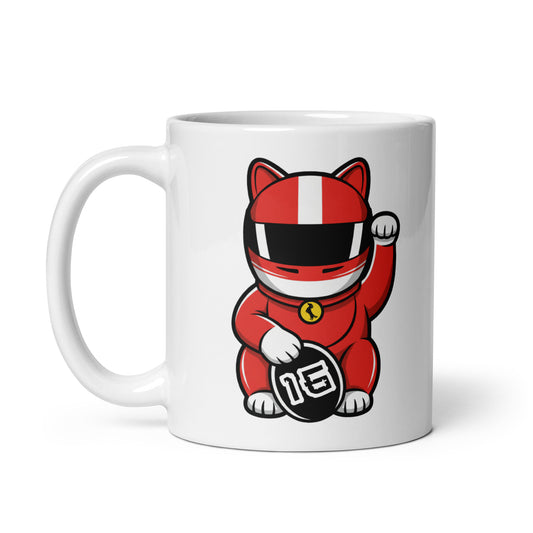 White glossy mug featuring a lucky cat in a red race suit and red helmet with a #16 lucky coin made for #16 fans and red-team faithful.