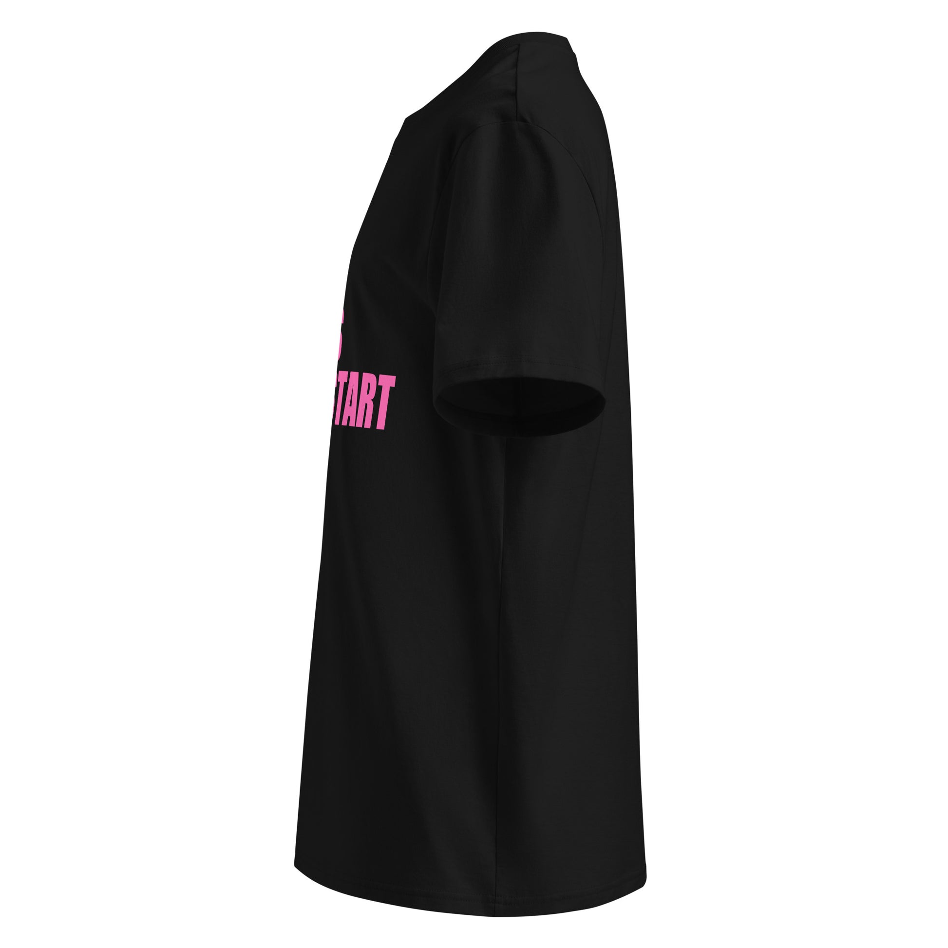 Left side view of black unisex t-shirt, plain sleeve, visible side of the pink “SWEET SWEET SOUNDS #COLDSTART” chest print. Minimalist, car meet style.