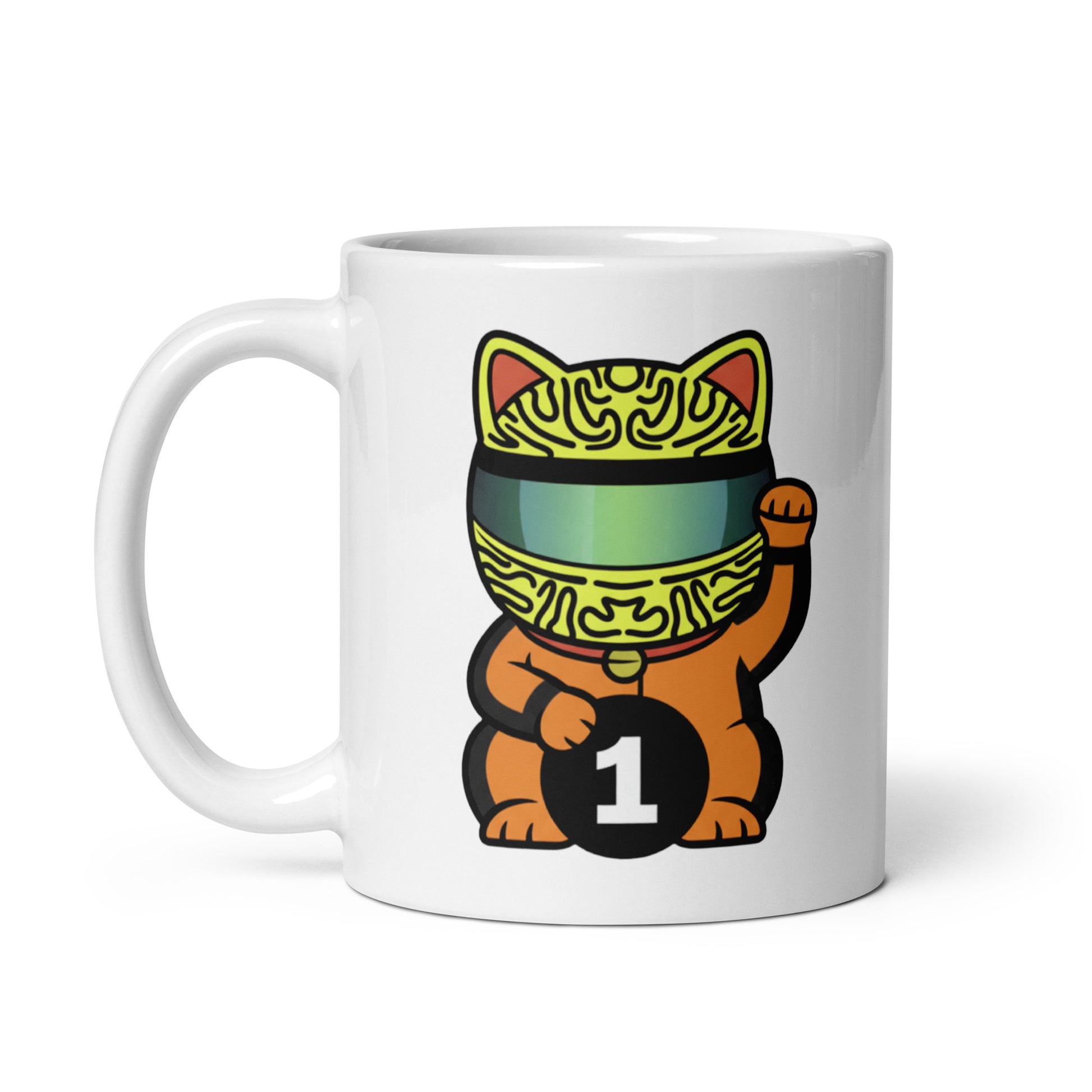 White glossy mug featuring a papaya-toned lucky cat racer holding a #1 lucky coin made for #1 champion believers and papaya fans.
