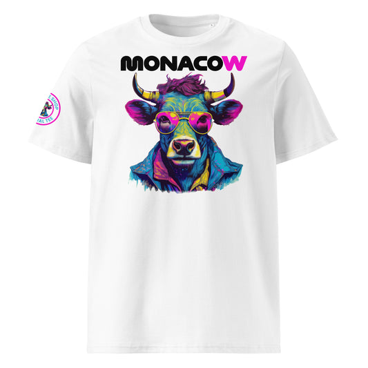 Front view of the Monacow T-Shirt featuring the “MONACOW” text and a stylish cow illustration in blue, pink, and yellow.