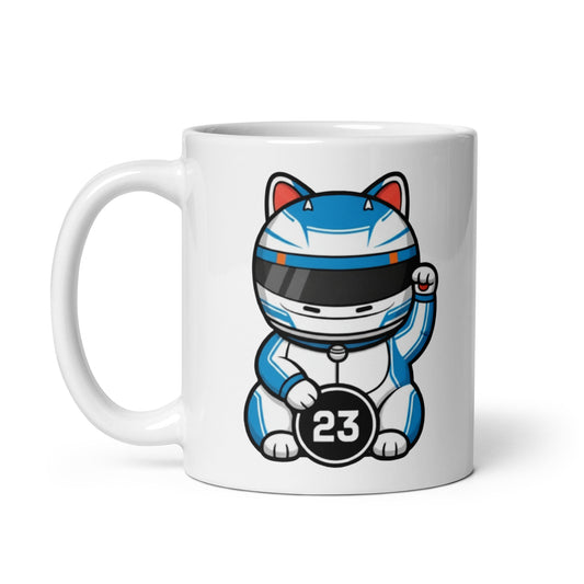 White glossy mug featuring a blue/white lucky cat racer holding a #23 lucky coin made for #23 fans and cat people with taste.