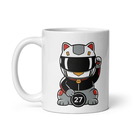 White glossy mug featuring a black/grey lucky cat racer holding a #27 lucky coin—made for #27 fans and quietly-quick supporters.
