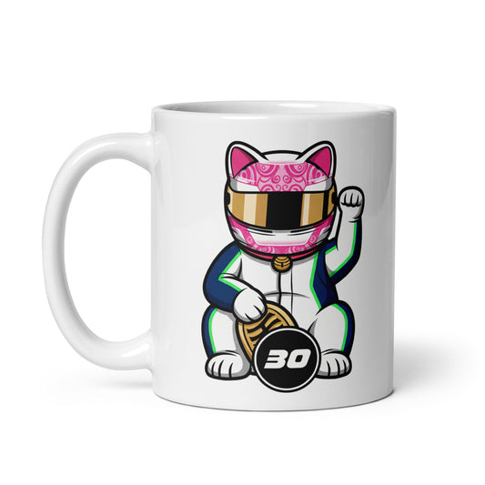 White glossy mug featuring a white-suited lucky cat racer holding a #30 lucky coin made for #30 fans and feisty energy supporters.