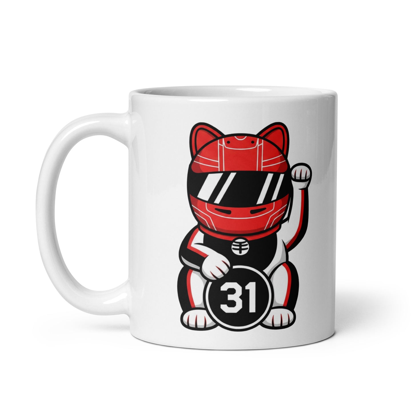 White glossy mug featuring a black/white lucky cat racer with a red helmet holding a #31 lucky coin made for #31 fans and underdog believers.
