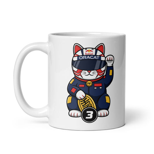 White glossy mug featuring a dark-suited lucky cat racer holding a #3 lucky coin made for #3 fans and “race control” believers.