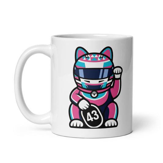 White glossy mug featuring a pink/teal lucky cat racer holding a #43 lucky coin perfect for #43 fans and new-school grid energy.