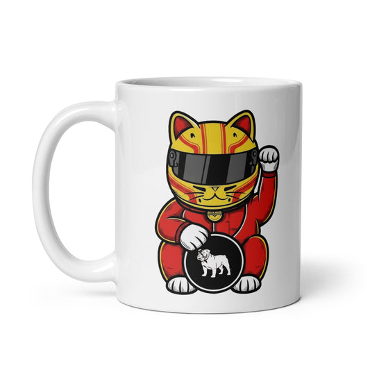 White glossy 11oz mug with a lucky cat in a red race suit and striped helmet, plus a bulldog lucky coin—built for #44 vibes, seven-time energy, and red-era supporters.