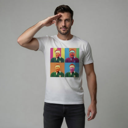 Male model in a white Ginger McLoughlin 4-panel pop art rugby t-shirt celebrating an Irish rugby front row character.