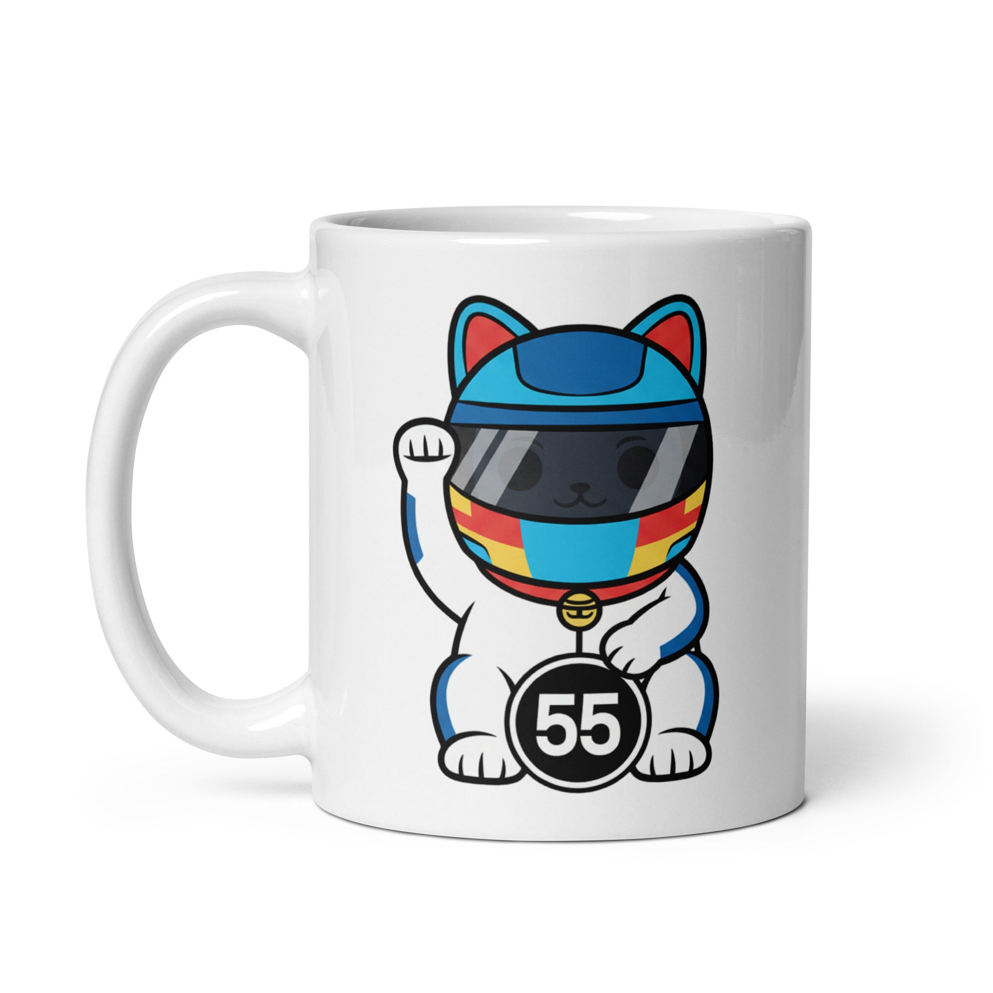White glossy mug featuring a white-suited lucky cat racer with blue helmet holding a #55 lucky coin made for #55 fans and Smooth Operator believers.
