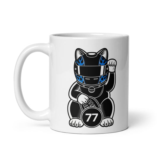 White glossy mug featuring a black lucky cat racer holding a #77 lucky coin with blue flame helmet vibes made for #77 fans and chill merchants.