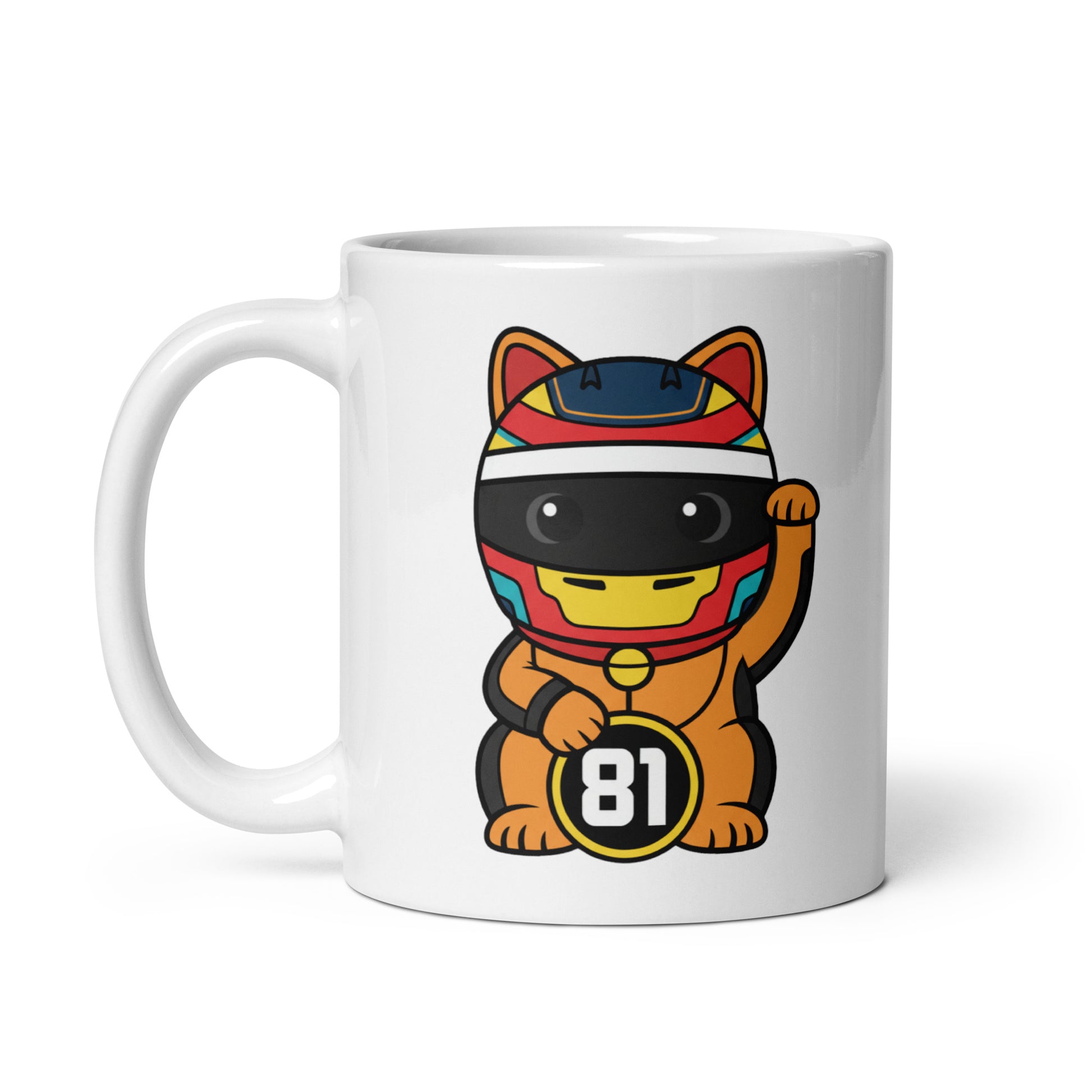 White glossy mug featuring a papaya-toned lucky cat racer holding a #81 lucky coin made for #81 fans and calm-but-quick believers.