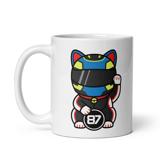 White glossy mug featuring a black lucky cat racer holding a #87 lucky coin made for #87 fans and next-gen believers.