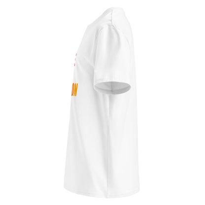 Left side view of white unisex t-shirt, plain sleeve, visible side of the colourful “ALL TORQUE NO TRACTION” chest print. Minimalist, car meet style.
