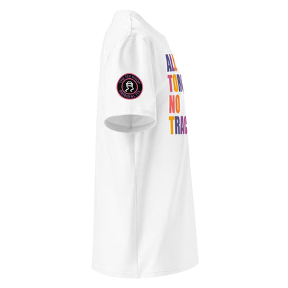 Right side view of white t-shirt showing The Tee Shop’s traction control button logo and multi-colour slogan. DTF print, car culture and banter tribute.