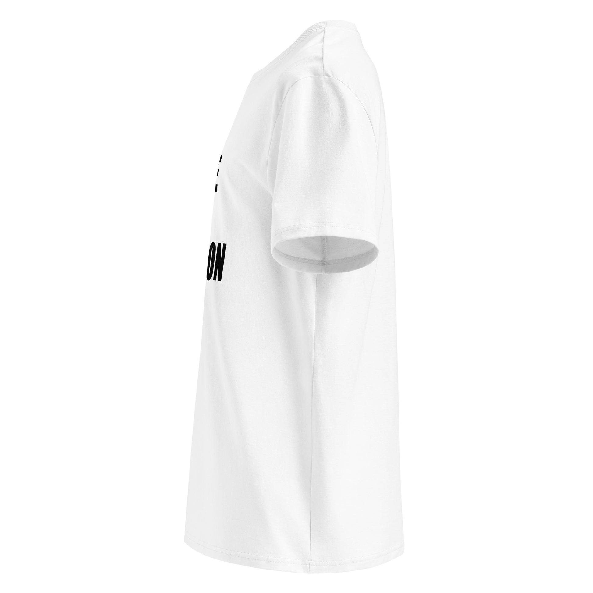 Left side view of white unisex t-shirt, plain sleeve, visible side of the black “ALL TORQUE NO TRACTION” chest print. Minimalist, car meet style.
