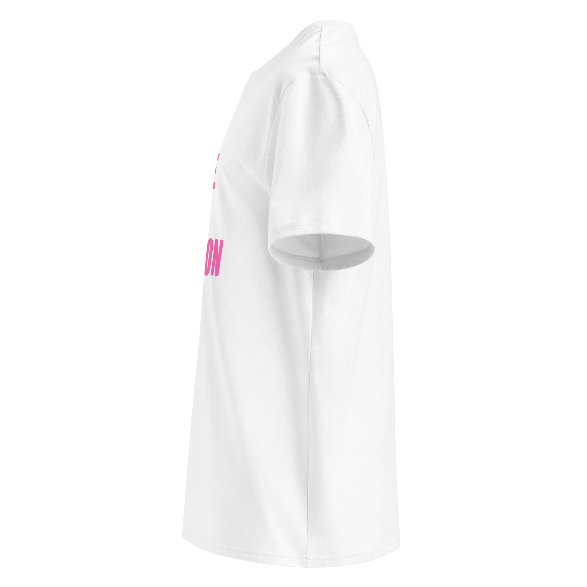 Left side view of white unisex t-shirt, plain sleeve, visible side of the pink “ALL TORQUE NO TRACTION” chest print. Minimalist, car meet style.