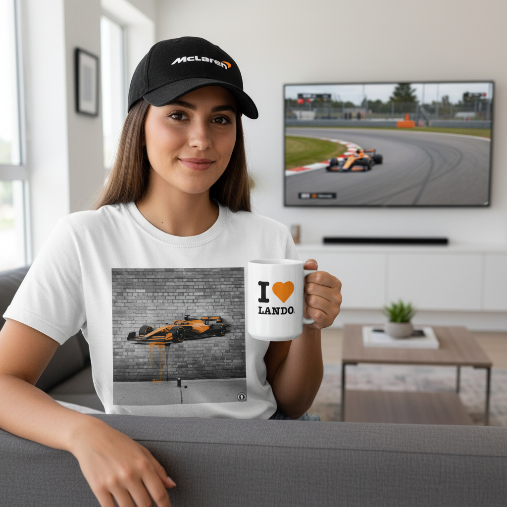 A woman holding mug with a lando norris fan mug, sitting on a couch in a living room.