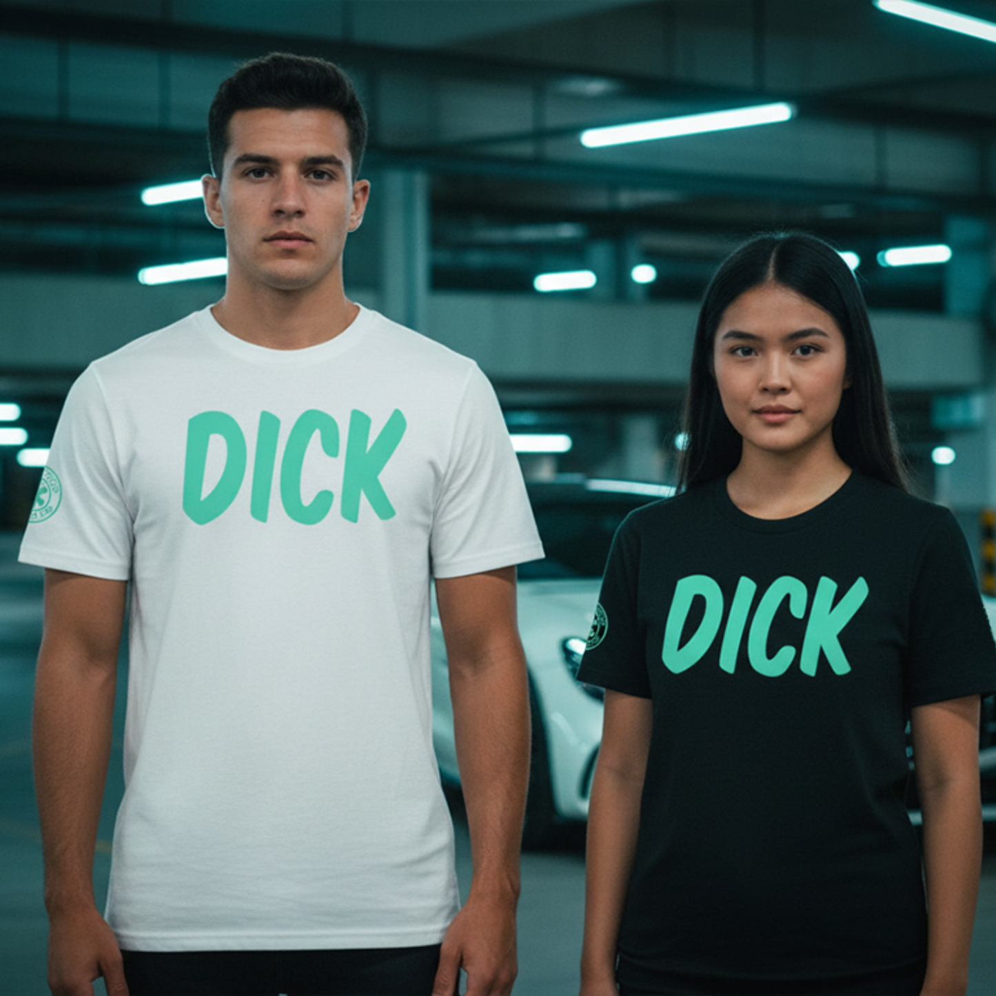 Two people wearing car t-shirts with the word 'DICK' printed on them in a car park.