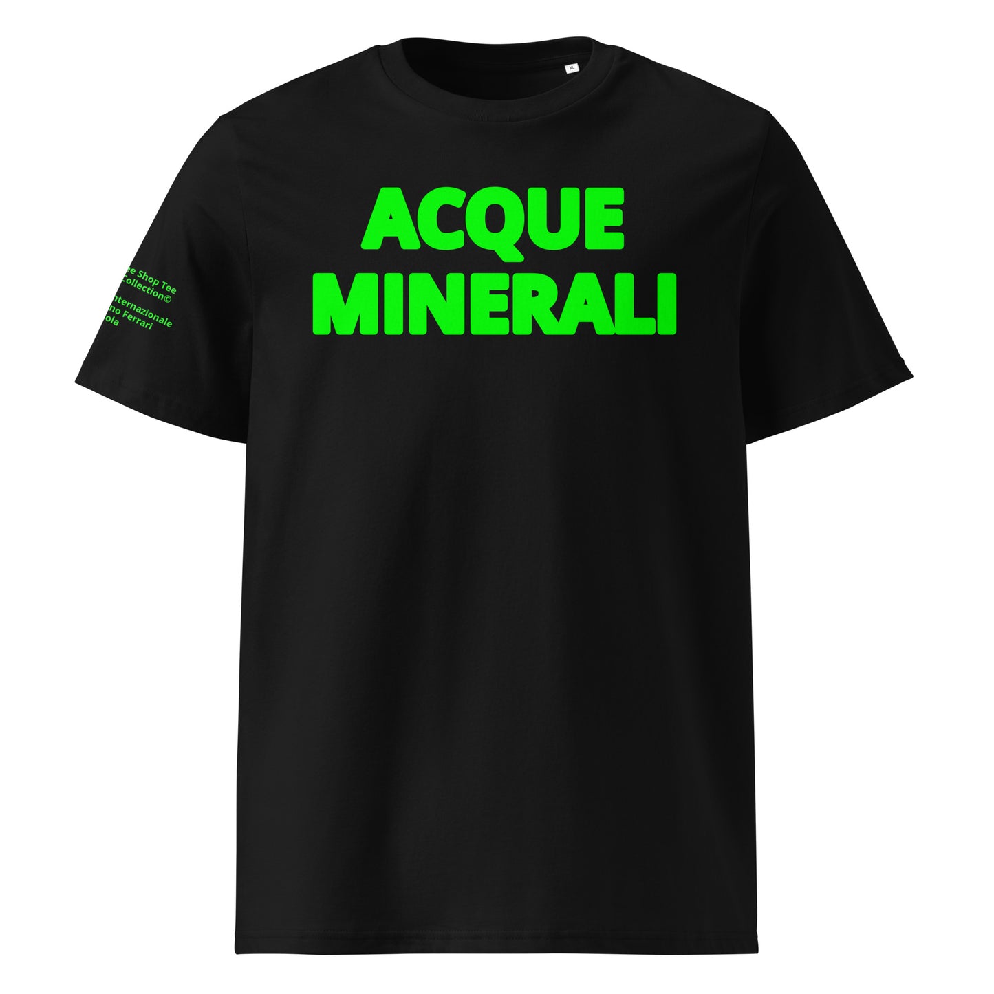 Front view of the Acque Minerali Black T-Shirt with green Flo Viz, inspired by Imola’s legendary track.