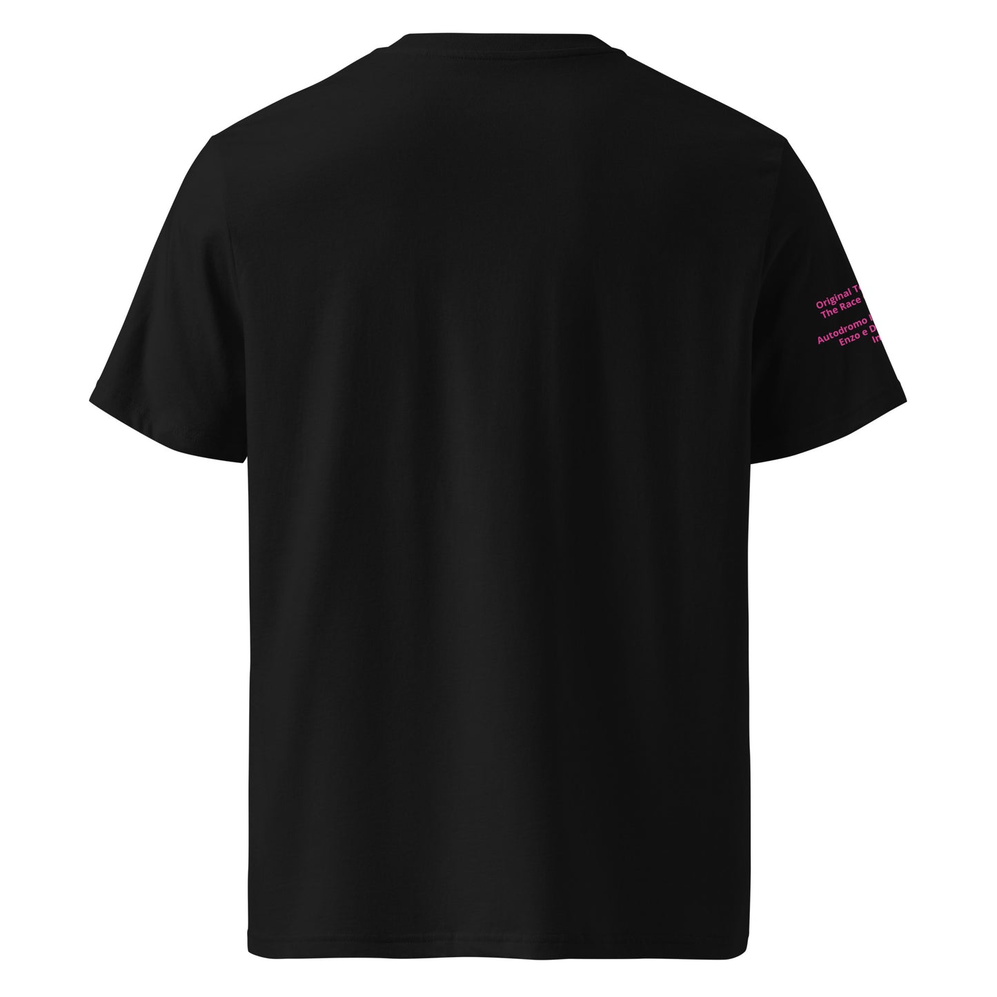 Back view of the Acque Minerali T-Shirt in black and pink, ideal for motorsport events and car meets.